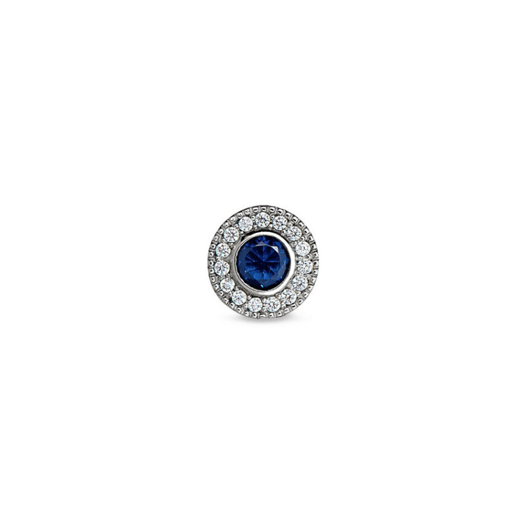 Platinum Finish Sterling Silver Micropave Round Simulated Sapphire/September Birthstone Charm with Simulated Diamonds