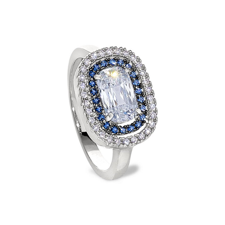 Gold vermeil and Black Rhodium Finish Sterling Ring with Synthetic Blue Sapphire and Hand Set Simulated Diamonds - Size 9
