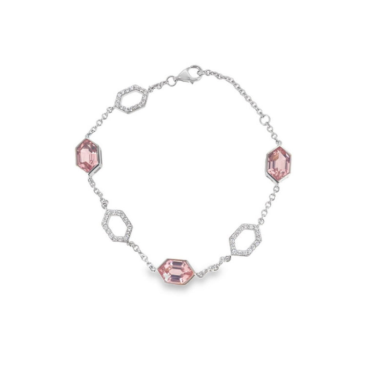 platinum finish sterling micropave bracelet with 3 simulated morganite hexagons and 3 open hexagons with simulated diamonds