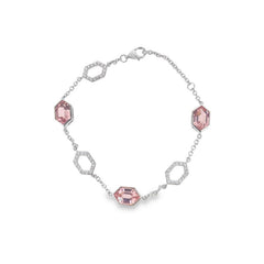 platinum finish sterling micropave bracelet with 3 simulated morganite hexagons and 3 open hexagons with simulated diamonds