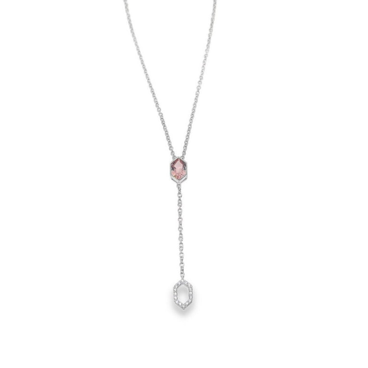 Platinum finish sterling "y" necklace with simulated morganite hexagon and an open hexagon with micropave simulated diamonds
