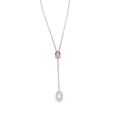 Platinum finish sterling "y" necklace with simulated morganite hexagon and an open hexagon with micropave simulated diamonds