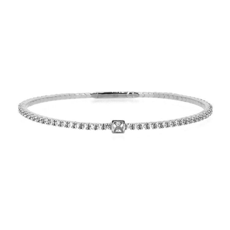 platinum finish sterling single row flexible bracelet with 1.9mm simulated diamonds and a central square simulated diamond