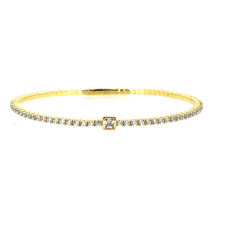 gold vermeil sterling silver single row flexible bracelet with 1.9mm simulated diamonds, a central square simulated diamond