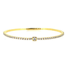 gold vermeil sterling silver single row flexible bracelet with 1.9mm simulated diamonds, a central square simulated diamond