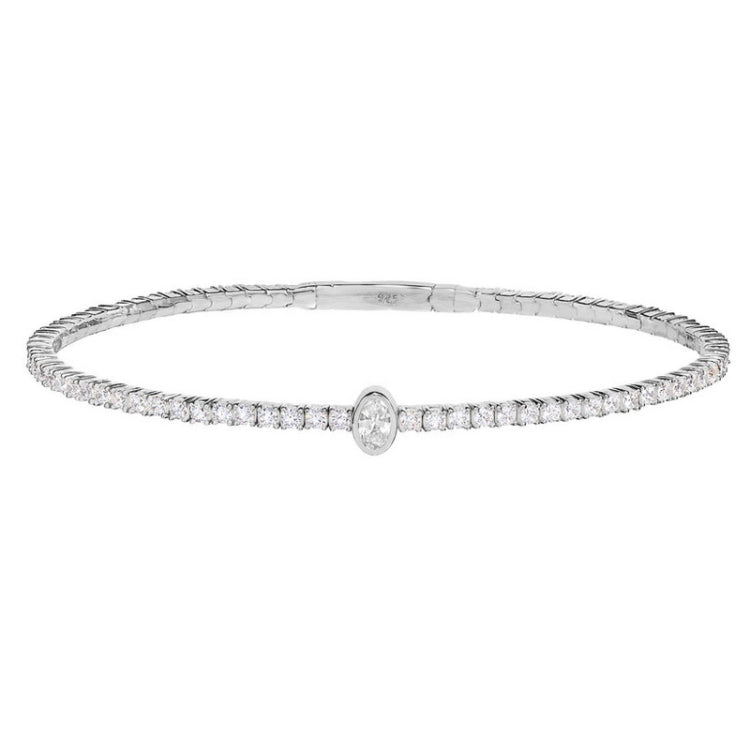 platinum finish sterling silver single row flexible bracelet with 1.9mm simulated diamonds, a central oval simulated diamond