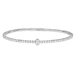 platinum finish sterling silver single row flexible bracelet with 1.9mm simulated diamonds, a central oval simulated diamond