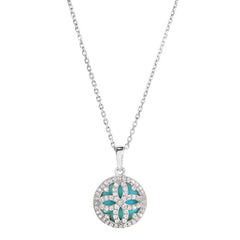 Platinum finish sterling silver micropave clover pendant with simulated diamonds and a turquois mop background on a chain