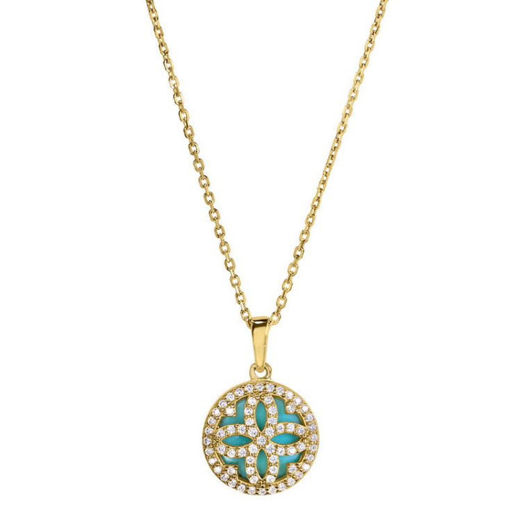 Gold vermeil sterling silver micropave clover pendant with simulated diamonds and a turquois mop background on a chain
