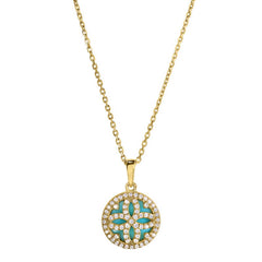 Gold vermeil sterling silver micropave clover pendant with simulated diamonds and a turquois mop background on a chain