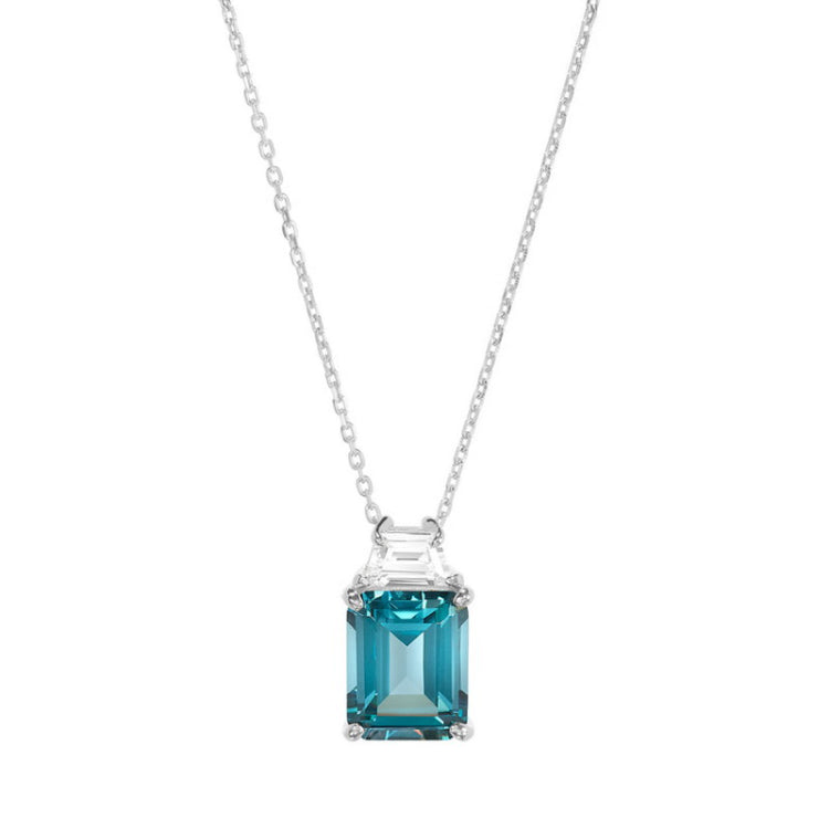 Platinum finish sterling silver zircon princess cut blue spinel pendant with a simulated diamond on a adjustable cable chain
