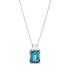 Platinum finish sterling silver zircon princess cut blue spinel pendant with a simulated diamond on a adjustable cable chain