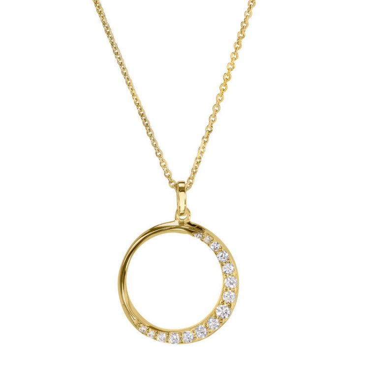 Gold vermeil sterling silver open circle journey pendant with simulated diamonds on a 16"-18" adjustable cable chain