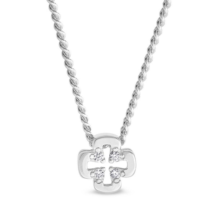 Platinum finish sterling silver cross with holes pendant with simulated diamonds on 18 chain