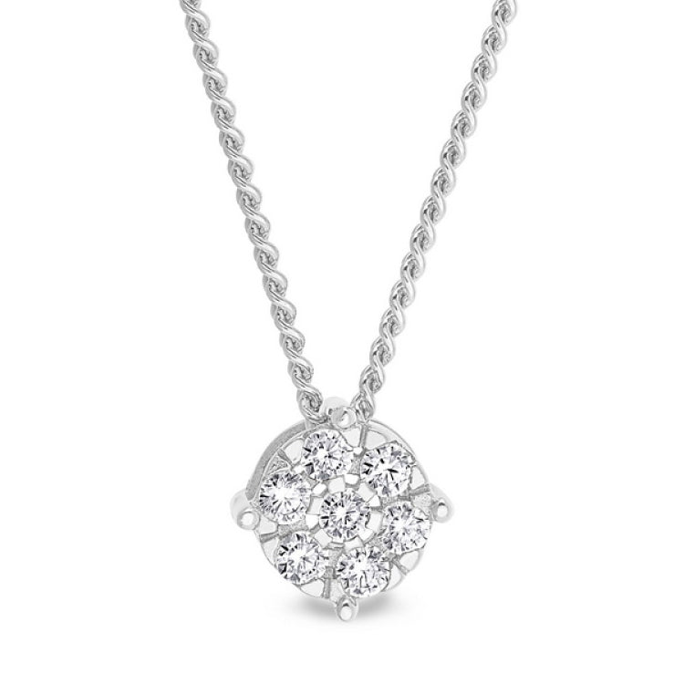 Platinum finish sterling flower pendant with simulated diamonds on 18 chain