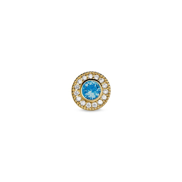 Gold Finish Finish Sterling Silver Micropave Round Simulated Blue Topaz/December Birthstone Charm with Simulated Diamonds