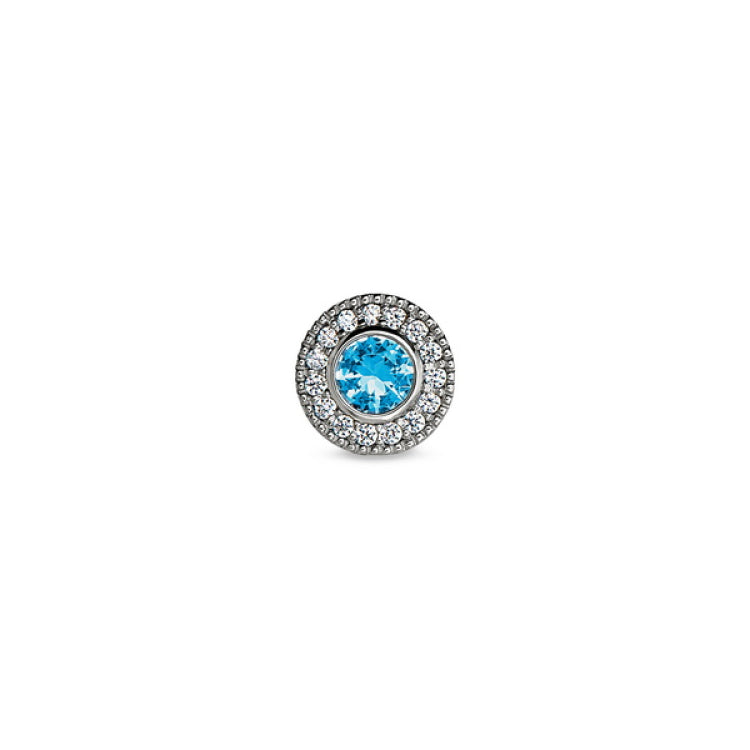 Platinum Finish Sterling Silver Micropave Round Simulated Blue Topaz/December Birthstone Charm with Simulated Diamonds