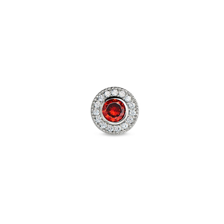 Platinum finish sterling silver micropave round simulated garnet/january birthstone charm with simulated diamonds