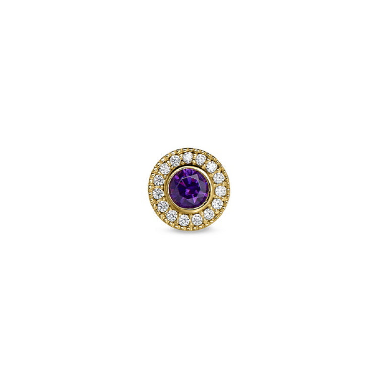 Gold Finish Finish Sterling Silver Micropave Round Simulated Amethyst/February Birthstone Charm with Simulated Diamonds