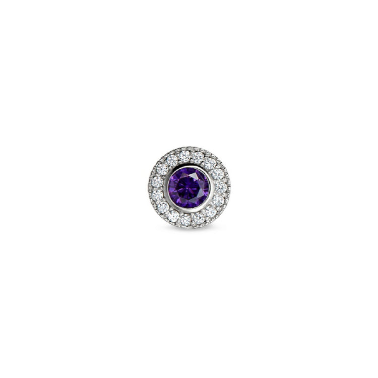 Platinum Finish Sterling Silver Micropave Round Simulated Amethyst/February Birthstone Charm with Simulated Diamonds