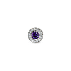 Platinum Finish Sterling Silver Micropave Round Simulated Amethyst/February Birthstone Charm with Simulated Diamonds