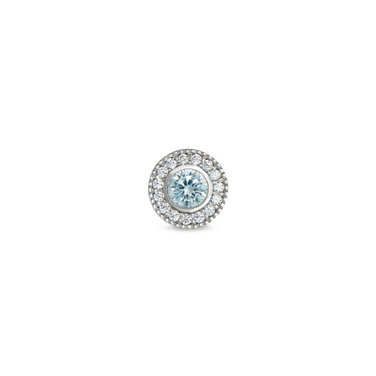 Platinum Finish Sterling Silver Micropave Round Simulated Aquamarine/March Birthstone Charm with Simulated Diamonds