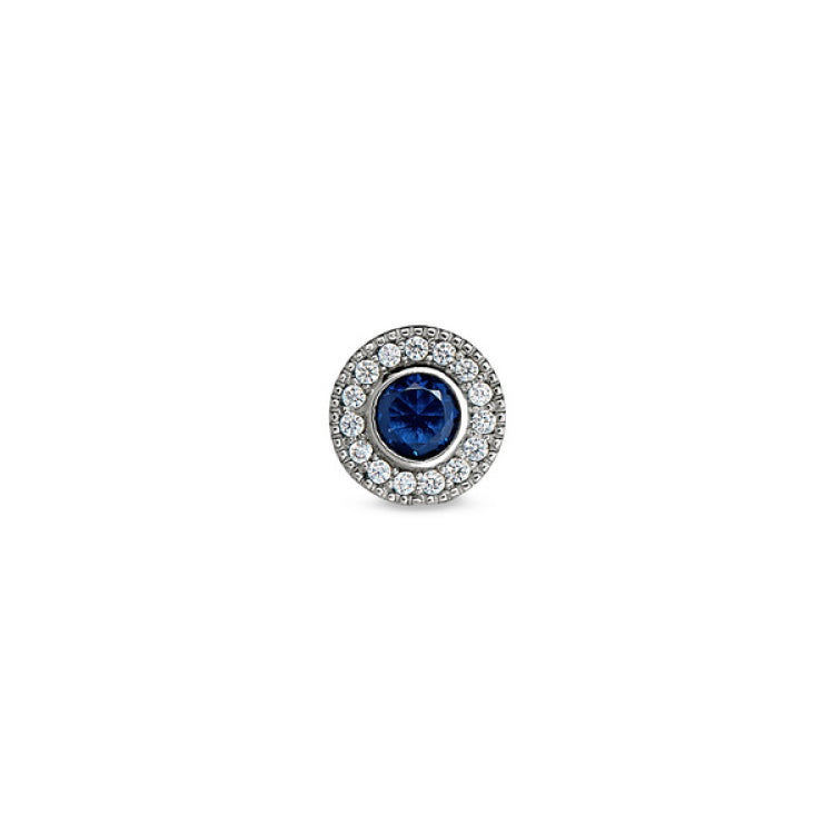 Platinum Finish Sterling Silver Micropave Round Simulated Sapphire/September Birthstone Charm with Simulated Diamonds