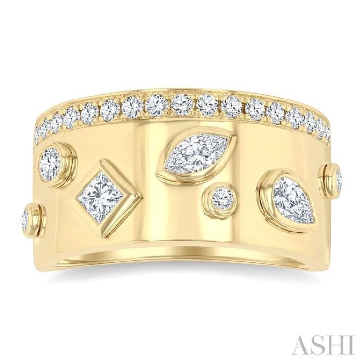 3/4 Ctw Mixed Cut Diamond Mosaic Fashion Wide Band in 14K Yellow Gold