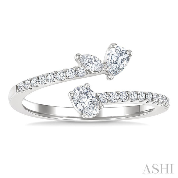 1/2 Ctw 3-Stone Mixed Diamond Cut Fashion Open Ring in 14K White Gold
