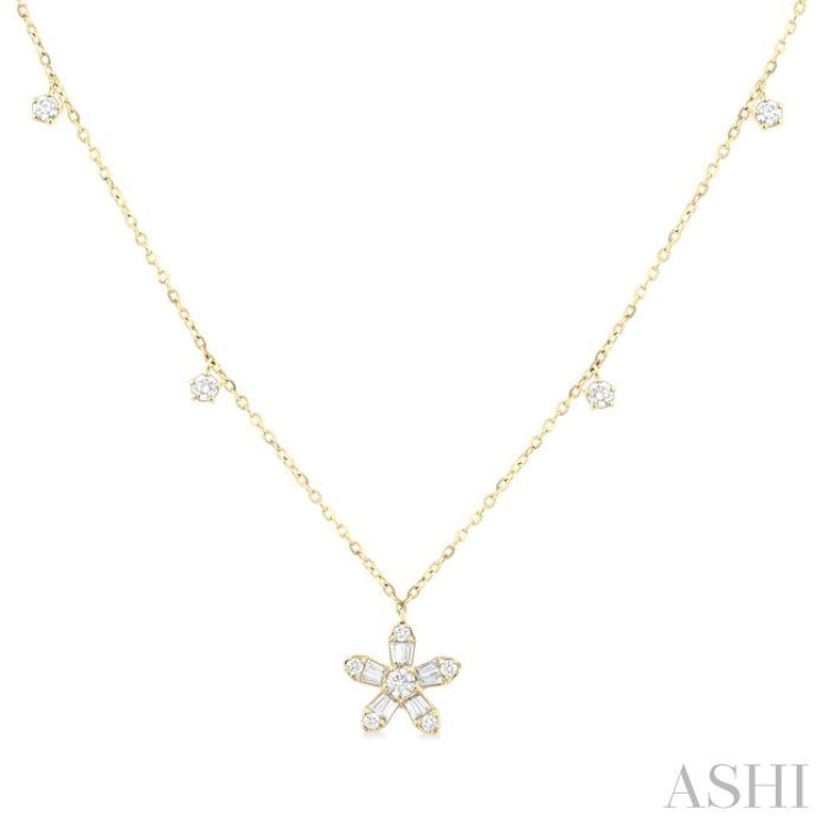 3/8 Ctw Floral Dangle Baguette and Round Cut Diamond Station Necklace in 10K Yellow Gold