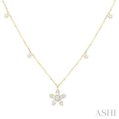 3/8 Ctw Floral Dangle Baguette and Round Cut Diamond Station Necklace in 10K Yellow Gold