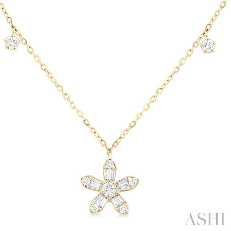 3/8 Ctw Floral Dangle Baguette and Round Cut Diamond Station Necklace in 10K Yellow Gold