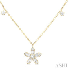 3/8 Ctw Floral Dangle Baguette and Round Cut Diamond Station Necklace in 10K Yellow Gold