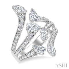 2 1/4 Ctw Bypass Three-Way Split Marquise, Pear and Round Cut Diamond Fashion Open Ring in 14K White Gold