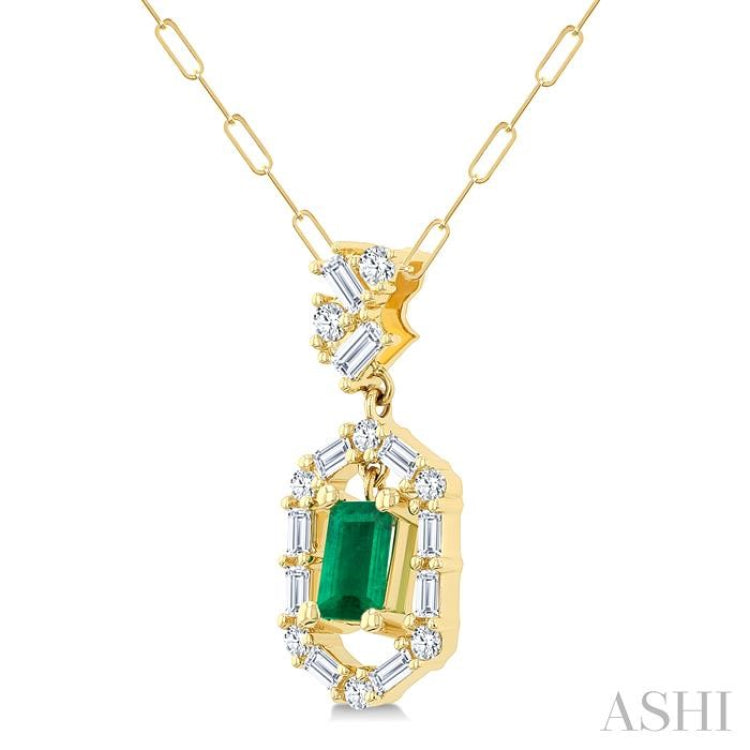 5x3 MM Emerald Cut and 1/3 Ctw Baguette & Round Cut Diamond Precious Fashion Pendant With Chain in 14K Yellow Gold