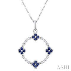 1.25 MM Clover Circle Sapphire and 1/8 Ctw Round Cut Diamond Precious Pendant With Chain in 10K White Gold