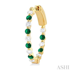 2 MM Round Cut Emerald and 1/2 Ctw Round Cut Diamond Precious Inside-Out Alternating Hoop Earrings in 14K Yellow Gold