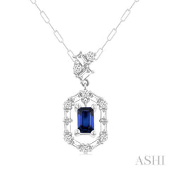 5x3 MM Emerald Cut Sapphire and 1/3 Ctw Baguette & Round Cut Diamond Precious Fashion Pendant With Chain in 14K White Gold