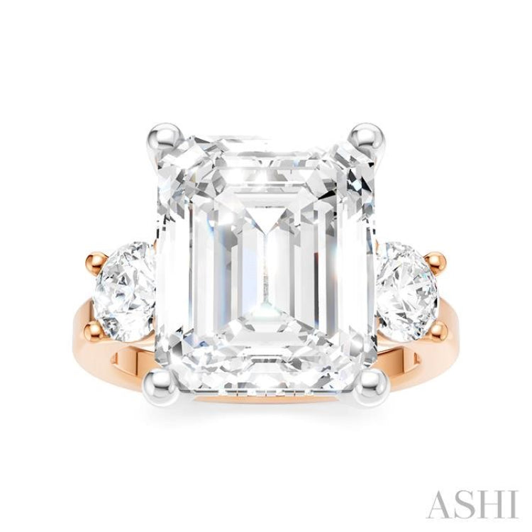 1 1/10 Ctw Tri-Mount Emerald Shape Center Round Cut Diamond Semi-Mount Engagement Ring in 14K Rose and White Gold