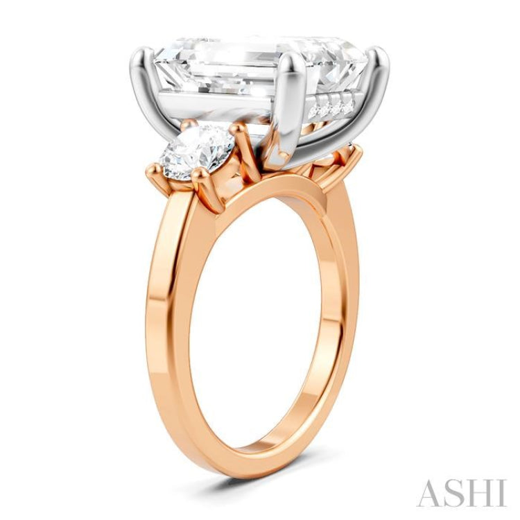 1 1/10 Ctw Tri-Mount Emerald Shape Center Round Cut Diamond Semi-Mount Engagement Ring in 14K Rose and White Gold