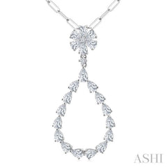 1 7/8 Ctw Floral Open Window Pear and Round Cut Diamond Dangle Fashion Pendant With Chain in 14K White Gold