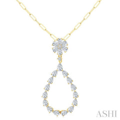 1 7/8 Ctw Floral Open Window Pear and Round Cut Diamond Dangle Fashion Pendant With Chain in 14K Yellow Gold