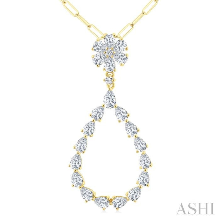 1 7/8 Ctw Floral Open Window Pear and Round Cut Diamond Dangle Fashion Pendant With Chain in 14K Yellow Gold