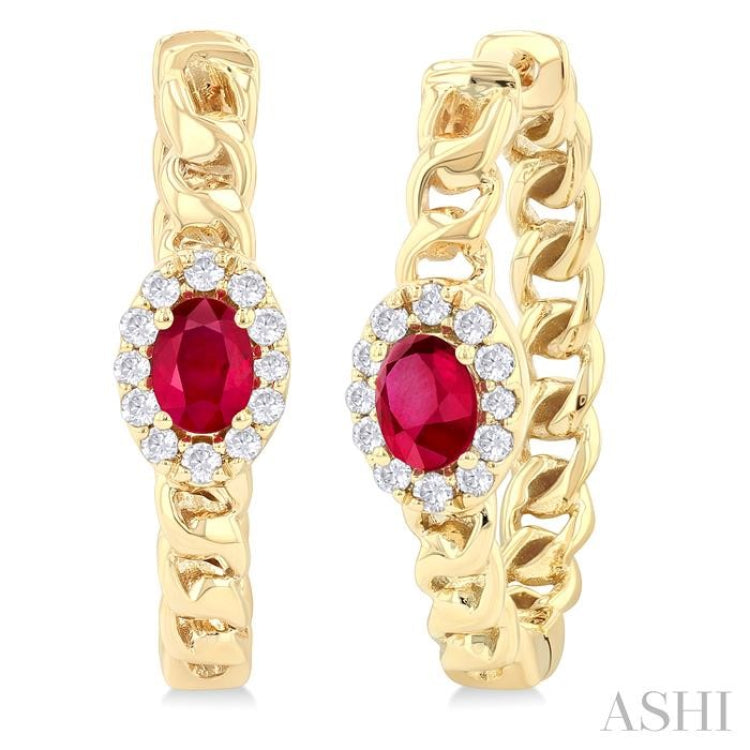 4X3 MM Oval Cut Ruby and 1/6 Ctw Curb & Cuban Link Round Cut Diamond Precious Fashion Hoop Earring in 10K Yellow Gold