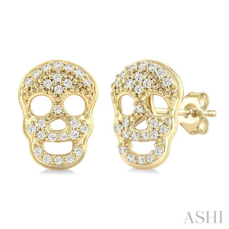 1/6 Ctw Petite Skull Round Cut Diamond Fashion Earrings in 10K Yellow Gold