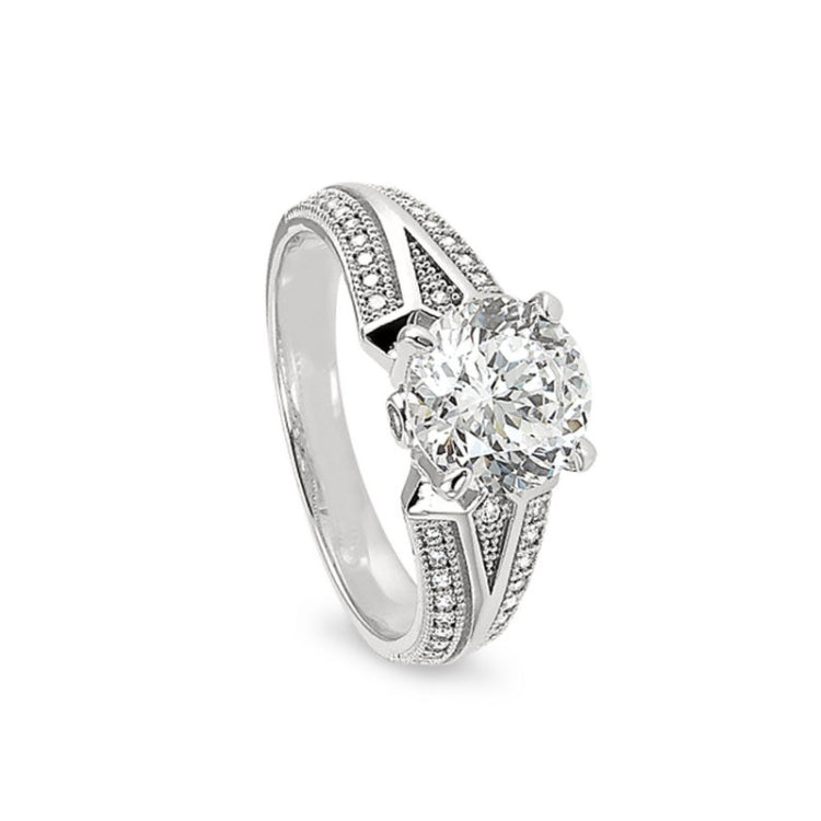Platinum finish sterling silver micropave v shaped band engagement ring with 100 facet simulated daimond