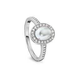 Platinum finish sterling silver micropave cabochon cut pearl ring with simulated diamonds