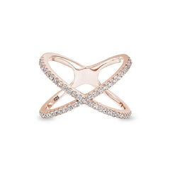 Rose gold finish sterling silver micropave criss-cross ring with simulated diamonds