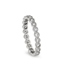 Platinum finish sterling silver beaded bezel ring with simulated diamonds