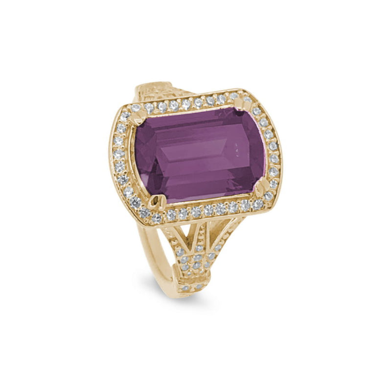 Platinum finish sterling silver micropave emerald cut pink stone ring with simulated diamongs
